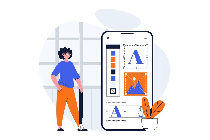 Vecteur concept web de développement d'applications avec scène de personnage homme plaçant l'élément et travaillant avec des outils pour l'application mobile situation des personnes au design plat illustration vectorielle pour le matériel de marketing des médias sociaux