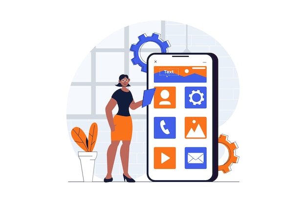 Concept web de développement UI UX avec scène de personnage Femme faisant un modèle filaire pour les applications mobiles Situation des personnes au design plat Illustration vectorielle pour le matériel de marketing des médias sociaux