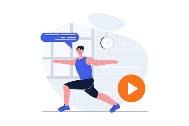 Vecteur concept web d'entraînement sportif avec scène de personnage homme en tenue de sport faisant de l'entraînement du matin et pratiquant le pilates situation des personnes au design plat illustration vectorielle pour le matériel de marketing des médias sociaux