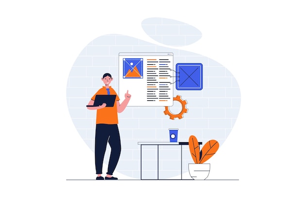 Concept web de programmation avec scène de personnage Homme faisant un programme et créant une mise en page Web sur la plate-forme Situation des personnes au design plat Illustration vectorielle pour le matériel de marketing des médias sociaux