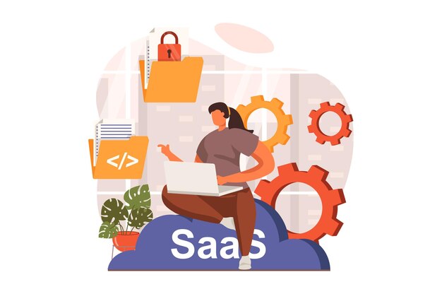 Concept web Saas au design plat femme travaillant sur un ordinateur portable et utilisant des programmes et des services achetés par