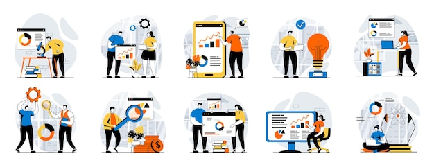 Concept web de science des données avec des personnes, des scènes, un méga-ensemble en design plat, un faisceau de situations de personnages avec des rapports graphiques, des scientifiques de recherche, la surveillance et le travail avec des bases de données, des illustrations vectorielles.