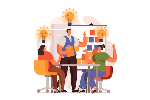 Concept web de travail d'équipe au design plat Les collègues discutent lors d'une réunion d'affaires génèrent des idées lors de la conférence brainstorming et collaboration développement de l'entreprise Illustration vectorielle avec scène de personnes