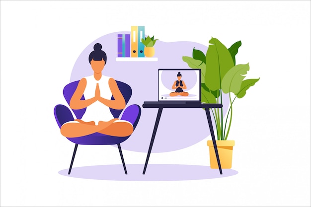 Concept De Yoga En Ligne Avec Une Femme En Bonne Santé, Faire Du Yoga à La Maison Avec Un Instructeur En Ligne. Bien-être Et Mode De Vie Sain à La Maison. Femme Faisant Des Exercices De Yoga. Illustration.