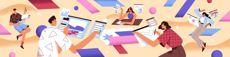 Les concepteurs créent des écrans virtuels bannière conceptuelle Les artistes numériques travaillent en dessinant et en peignant avec des tablettes L'équipe créative améliore l'interface utilisateur de l'interfacé web dans le travail d'équipe Illustration vectorielle plate