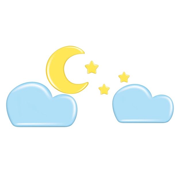 Conception 3d réaliste des éléments de prévision météo icône symbole météorologie Décoratif 3d étoile de lune dorée et nuage bleu Illustration vectorielle isolée sur fond blanc