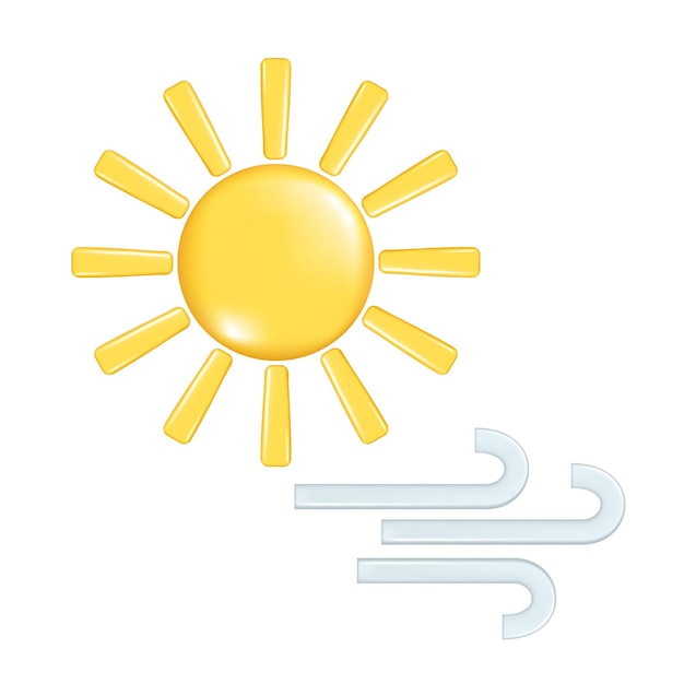 Conception 3D réaliste des éléments de prévision météorologique symbole d'icône météorologie décoratif 3D doré soleil et vent bleu illustration vectorielle isolée sur un fond blanc