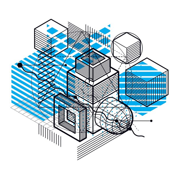 Conception abstraite avec des formes et des figures de maillage linéaire 3d, fond isométrique vectoriel. Cubes, hexagones, carrés, rectangles et différents éléments abstraits.