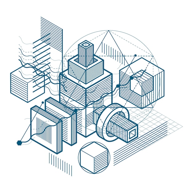 Conception abstraite avec des formes et des figures de maillage linéaire 3d, fond isométrique vectoriel. Cubes, hexagones, carrés, rectangles et différents éléments abstraits.