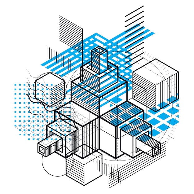 Conception abstraite avec des formes et des figures de maillage linéaire 3D, fond isométrique vectoriel. Cubes, hexagones, carrés, rectangles et différents éléments abstraits.