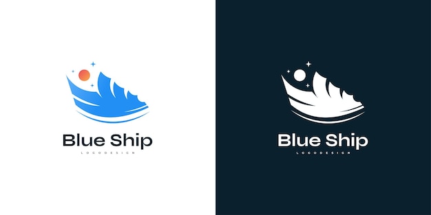 Conception Abstraite De Logo De Bateau Bleu Avec Le Logo Ou L'icône De Navire De Croisière D'éléments De Soleil Et D'étoile