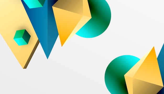 Conception abstraite présentant des cubes isométriques, des pyramides, des carrés et des sphères dans une disposition 3D vibrante Moderne et dynamique, parfaite pour le design technologique ou les thèmes futuristes