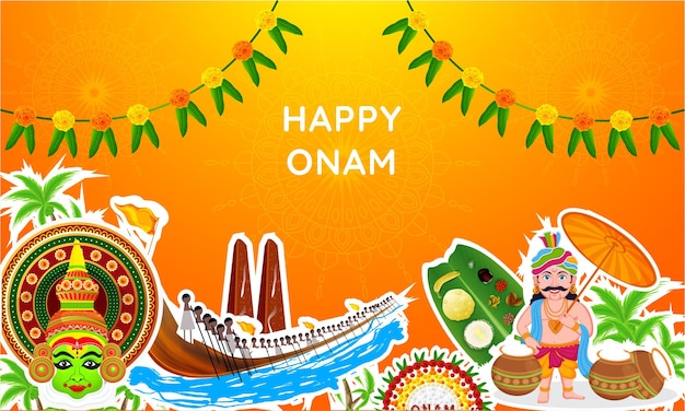 Vecteur conception d'affiche de bannière de concept de festival indien happy onam avec de la nourriture kathakali et raja mahabali