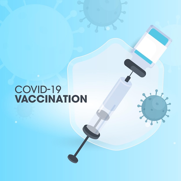 Conception d'affiche basée sur le concept de vaccination Covid-19 avec attaque de seringue de vaccin contre le coronavirus et le bouclier de sécurité sur fond bleu.