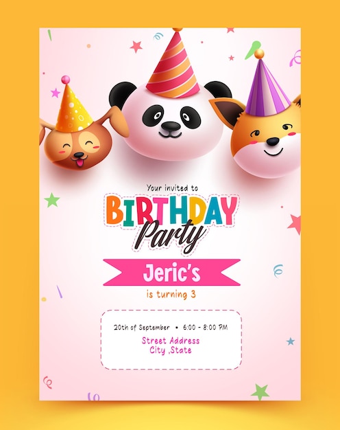 Conception D'affiche De Carte D'invitation De Fête D'anniversaire Texte De Voeux De Joyeux Anniversaire Avec Un Personnage Animal