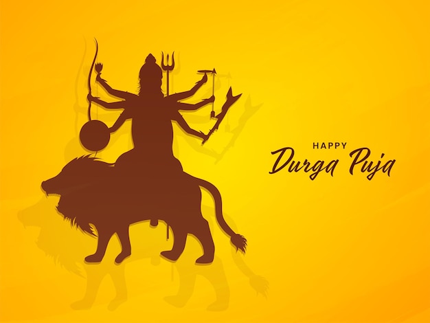 Conception d'affiche de célébration de Durga Puja heureuse avec la silhouette de la déesse Durga Maa sur fond jaune chrome