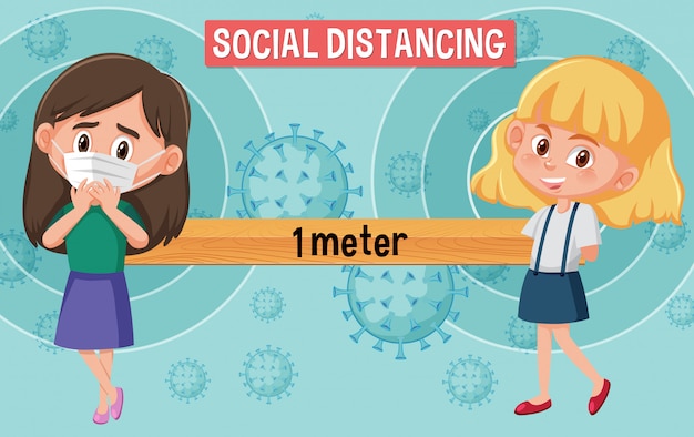 Conception D'affiche De Coronavirus Avec Les Filles Et La Distance Sociale De Mot