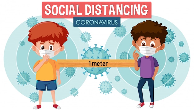 Vecteur conception d'affiche de coronavirus avec des garçons malades et mot distanciation sociale