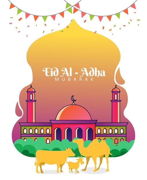 Vecteur conception d'affiche eid al adha mubarak avec mosquée et sacrifice d'animaux