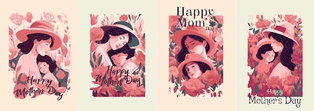 Conception d'affiche de fête des mères heureuse avec illustration de la mère et de la fille étreignant la conception entourée de belles fleurs Conception de vecteur de style couleur eau Premium