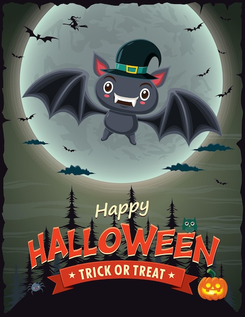 Conception D'affiche Halloween Vintage Avec Personnage De Chauve-souris Vectorielle.