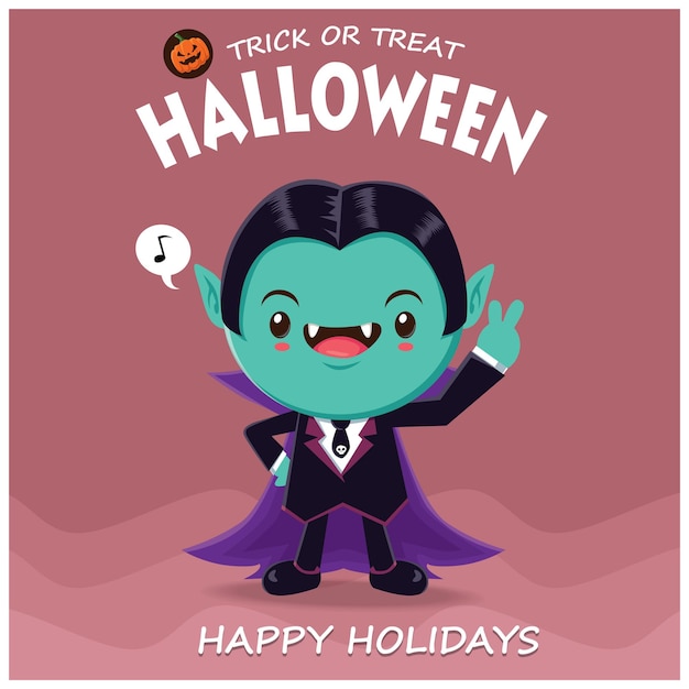 Conception d'affiche Halloween vintage avec personnage de vampire vectoriel