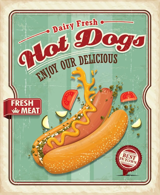 Conception D'affiche De Hot-dog Vintage Avec Pain D'ampli De Saucisse D'oignon De Relish De Tomate