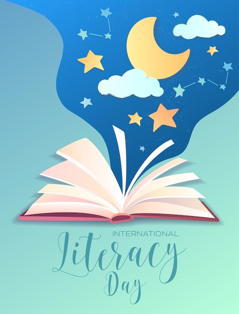 Vecteur conception d'affiche de la journée de l'alphabétisation avec un livre ouvert avec un ciel étoilé avec la lune émanant des pages...