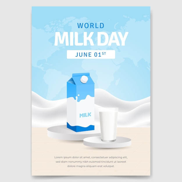 Vecteur conception d'affiche de la journée mondiale du lait du 1er juin avec un verre de lait et une boîte de lait sur l'illustration du podium