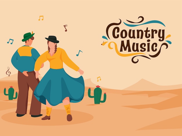 Conception D'affiche De Musique Country Avec Cow-boy Et Cow-girl Sans Visage Dansant Sur Fond De Paysage De Sable De Cactus