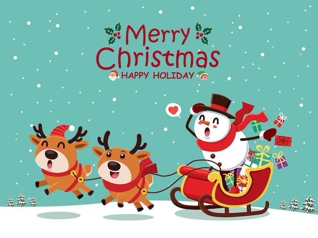 Conception d'affiche de Noël vintage avec des personnages de lutin de renne de père Noël de bonhomme de neige de vecteur