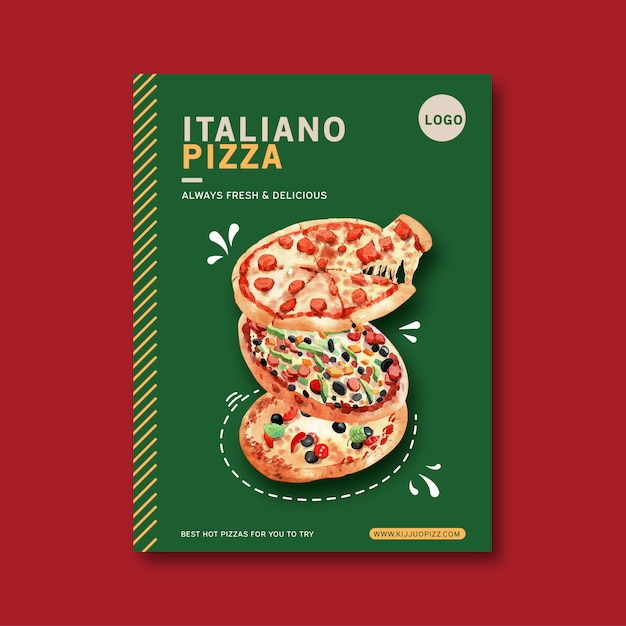 Vecteur conception d'affiche de pizza avec diverses illustrations aquarelle de pizza.
