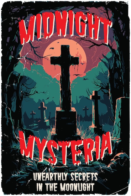 Vecteur conception d'une affiche pour un film d'horreur fictif des années 80 appelé midnight mystery unearthly secrets in the moonlight