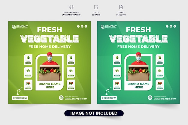 Conception d'affiche de service de livraison de légumes frais pour les supermarchés Vecteur de publication de médias sociaux de service de livraison à domicile d'épicerie avec des arrière-plans verts Modèle de bannière web d'entreprise de messagerie spéciale