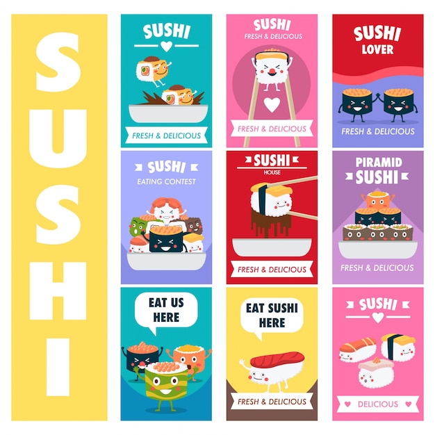 Vecteur conception d'affiche de sushi de dessin animé