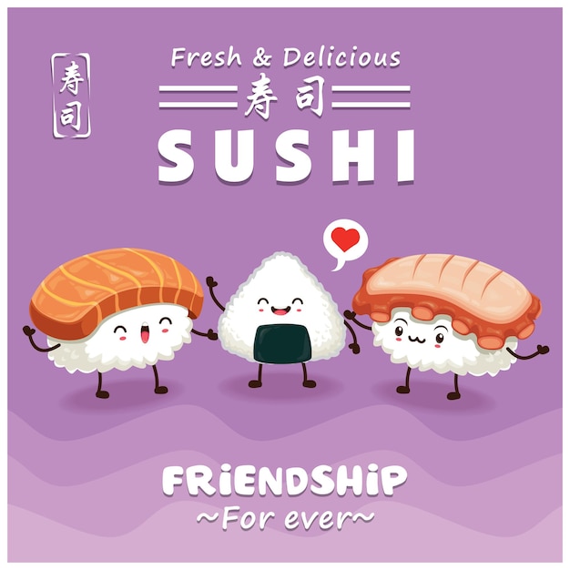 Conception d'affiche de sushi vintage avec personnage de sushi vectoriel. Le mot chinois signifie sushi.