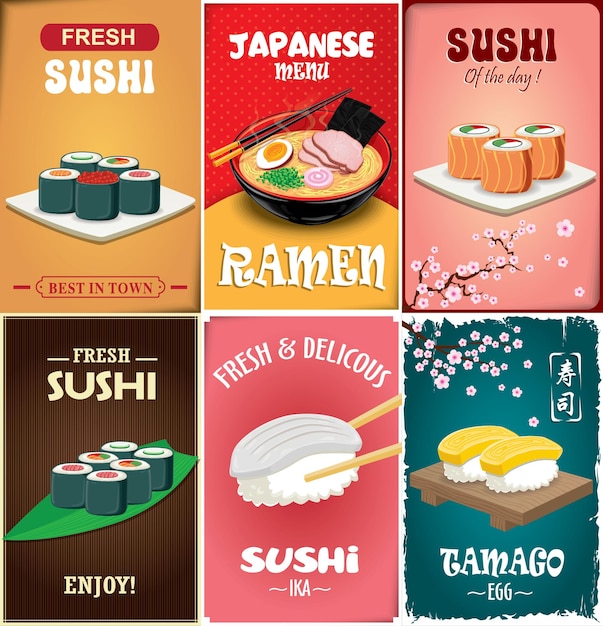 Vecteur conception d'affiche de sushi vintage avec vecteur sushi ramen mot chinois signifie sushi thé vert