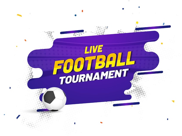 Vecteur conception d'affiche de tournoi de football en direct avec ballon de football réaliste sur fond violet et blanc abstrait.