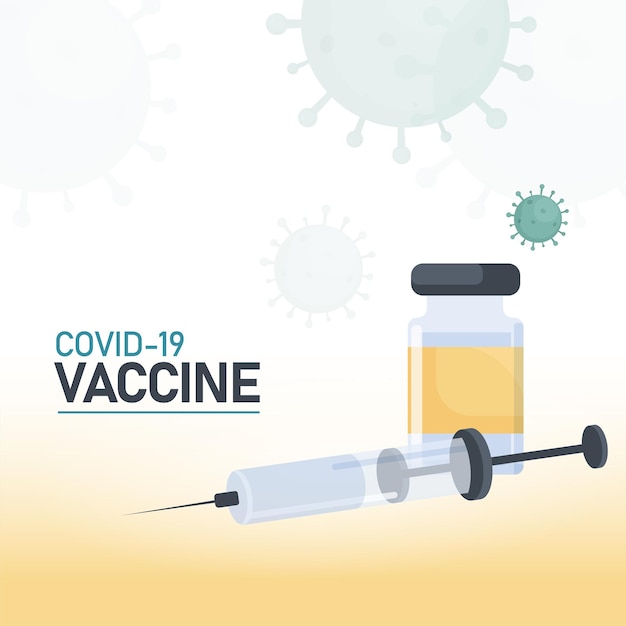 Conception d'affiche de vaccin Covid-19 avec bouteille de vaccin, injection de seringue sur fond blanc et jaune affecté par le virus.