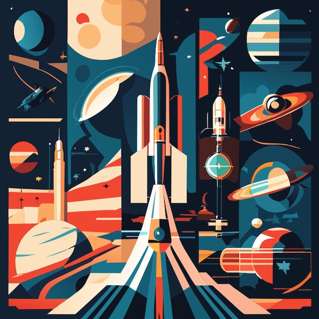 Vecteur conception d'une affiche vintagestyle mettant en vedette un vaisseau spatial astronautes et corps célestes utilisent un rétro