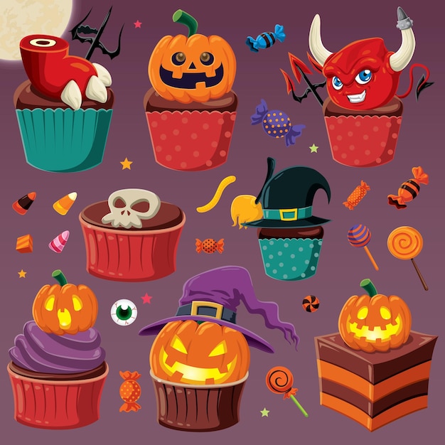 Conception D'affiches Halloween Vintage Avec Personnage De Cupcake Vectoriel.