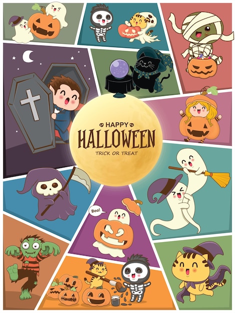 Conception D'affiches D'halloween Vintage Avec Vampire Vectoriel, Momie, Faucheuse, Jack O Lantern, Personnage De Faucheuse