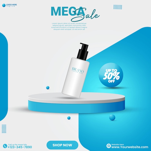 Conception d'affiches publicitaires de vente de produits cosmétiques sur les réseaux sociaux avec un podium en cylindre rendu en 3D