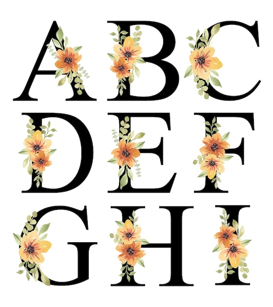 Vecteur conception d'alphabet de fleurs aquarelle orange fraîche modifiable par ia