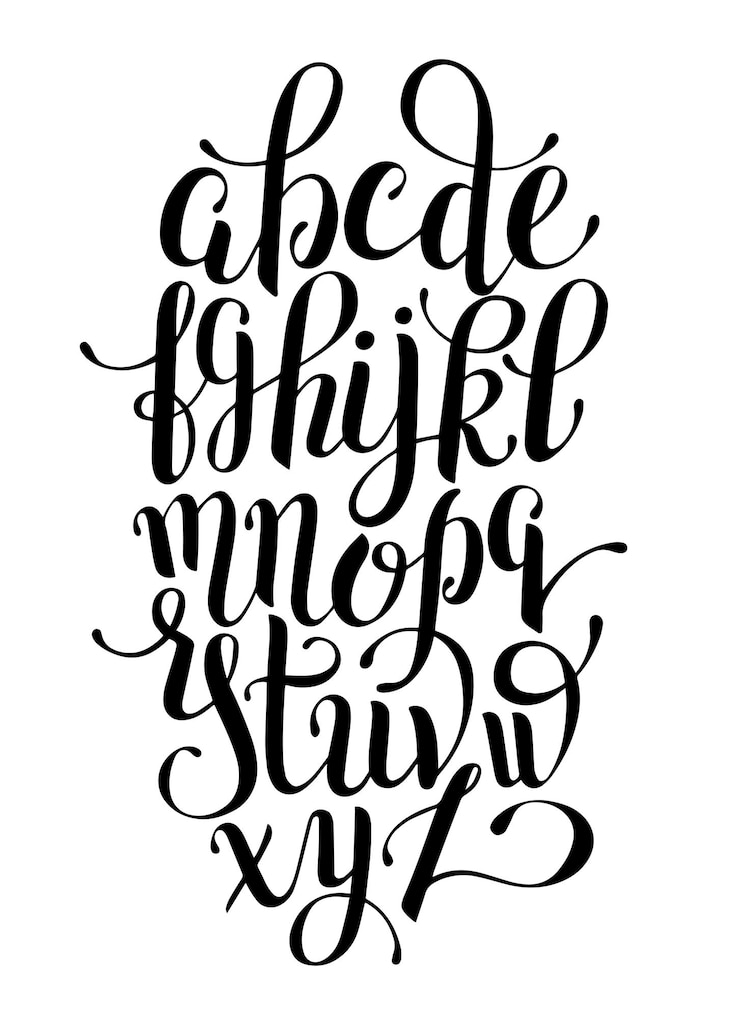 Vecteur conception d'alphabet de lettrage à la main noir et blanc, script de brosse manuscrite calligraphie moderne police cursive illustration vectorielle