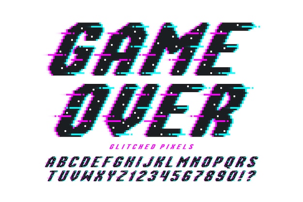 Conception d'alphabet vectoriel de pixels, stylisée comme dans les jeux 8 bits. Contraste élevé et net, rétro-futuriste. Contrôle facile de la couleur des échantillons. Effet de redimensionnement.
