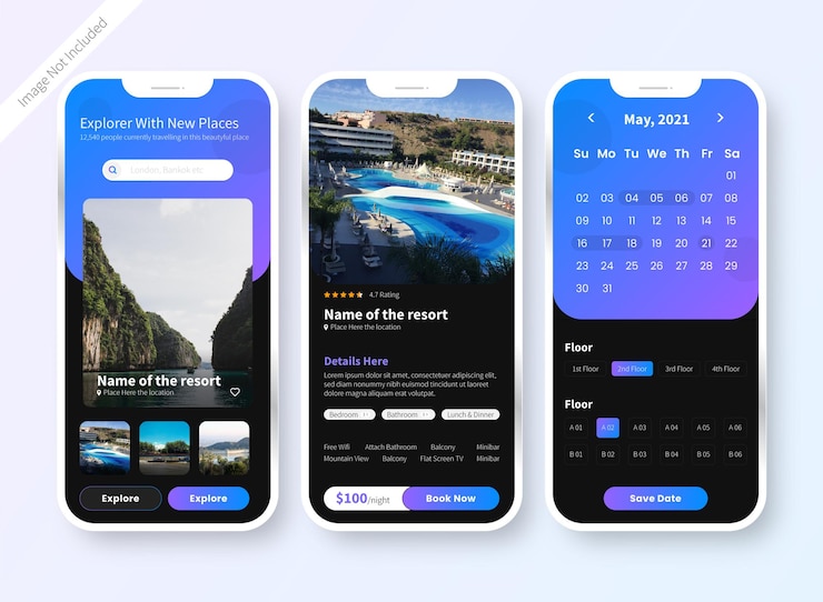 Vecteur conception de l'application mobile de l'interface utilisateur de réservation d'hôtel