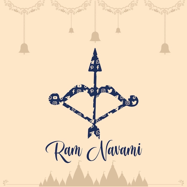 Conception D'arc Et De Flèche Pour Le Festival Ram Navami Ou Joyeux Arrière-plan Ram Navami Avec Des Icônes De Médias Sociaux