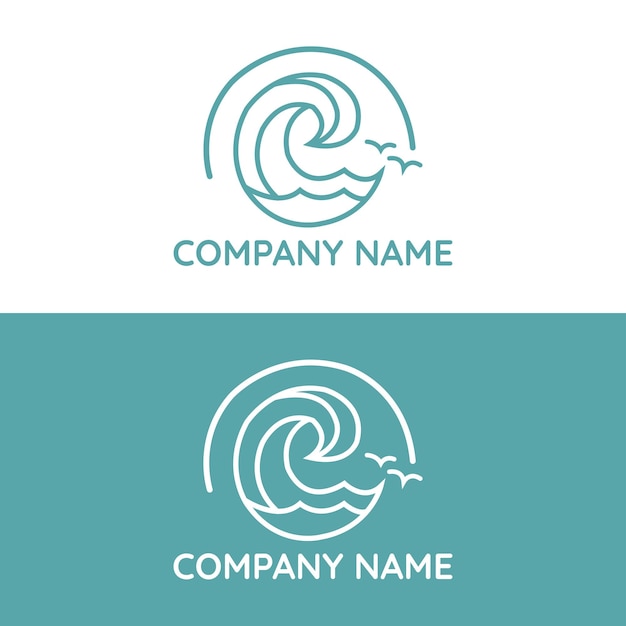 Conception D'art En Ligne Du Logo De L'océan Avec Des Vagues Et Des Mouettes