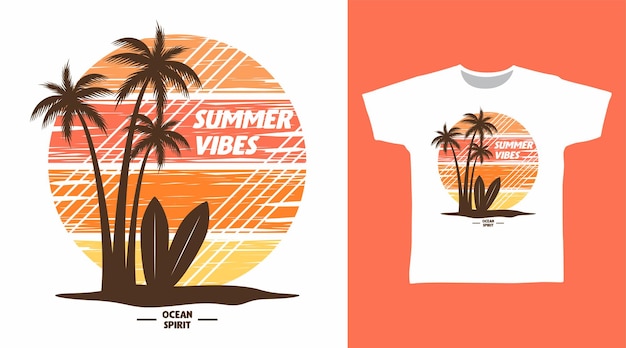 Conception D'art De T-shirt De Dessin Animé De Plage De Surf De Vibes D'été